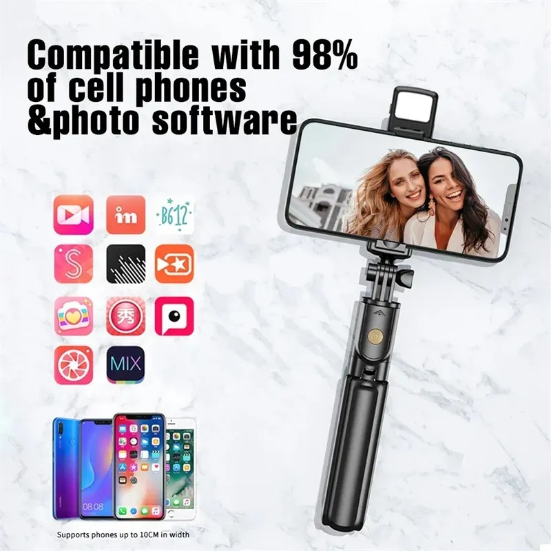 Perche à selfie sans fil avec trépied, lumière LED et télécommande Bluetooth, trépied extensible pour iPhone et smartphones, idéal pour la diffusion en direct 2