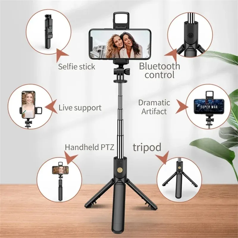 Perche à selfie sans fil avec trépied, lumière LED et télécommande Bluetooth, trépied extensible pour iPhone et smartphones, idéal pour la diffusion en direct 5