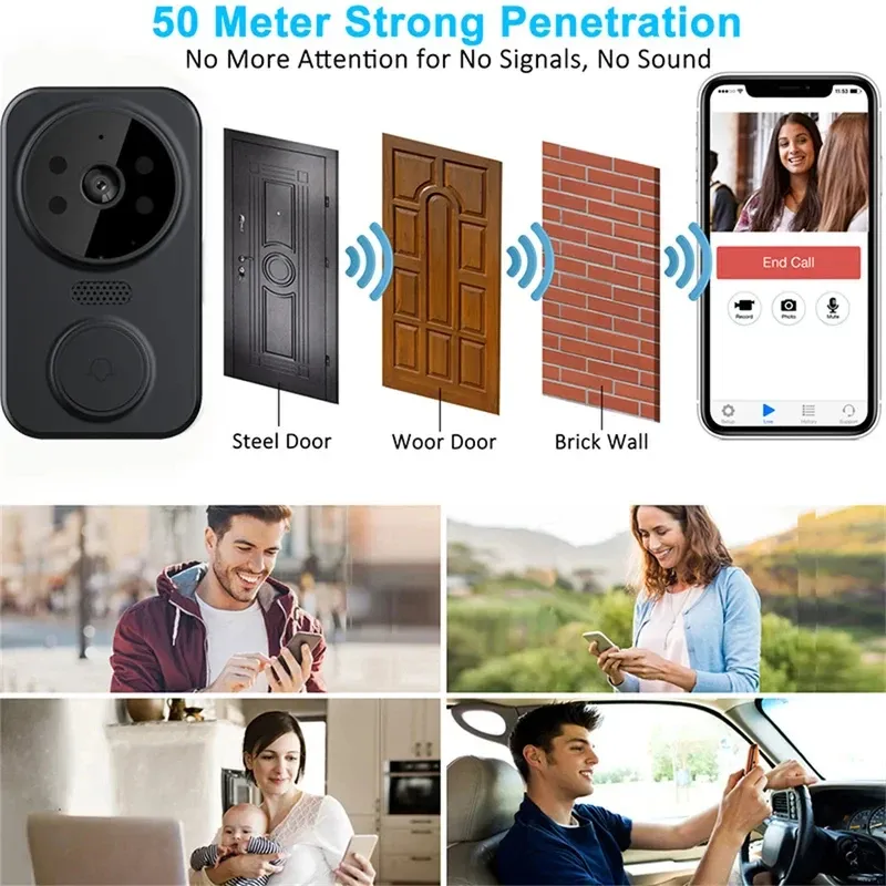Sonnette vidéo intelligente sans fil HD 1080p avec vision nocturne, Wi-Fi 2,4 GHz, détection de mouvement, audio bidirectionnel et service cloud 4