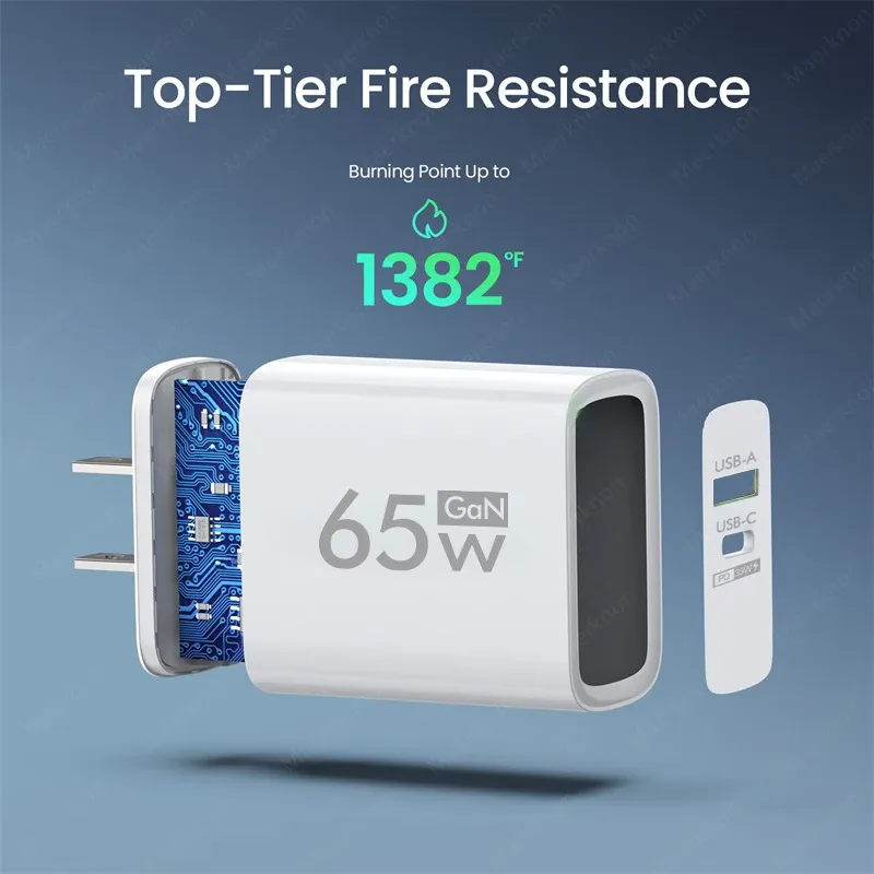 Chargeur mural USB-C 65 W GaN à charge rapide pour iPhone, Samsung et Xiaomi, prises UE et US 2