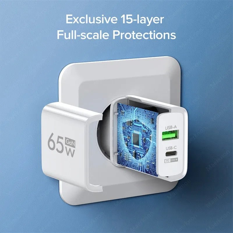 Chargeur mural USB-C 65 W GaN à charge rapide pour iPhone, Samsung et Xiaomi, prises UE et US 4