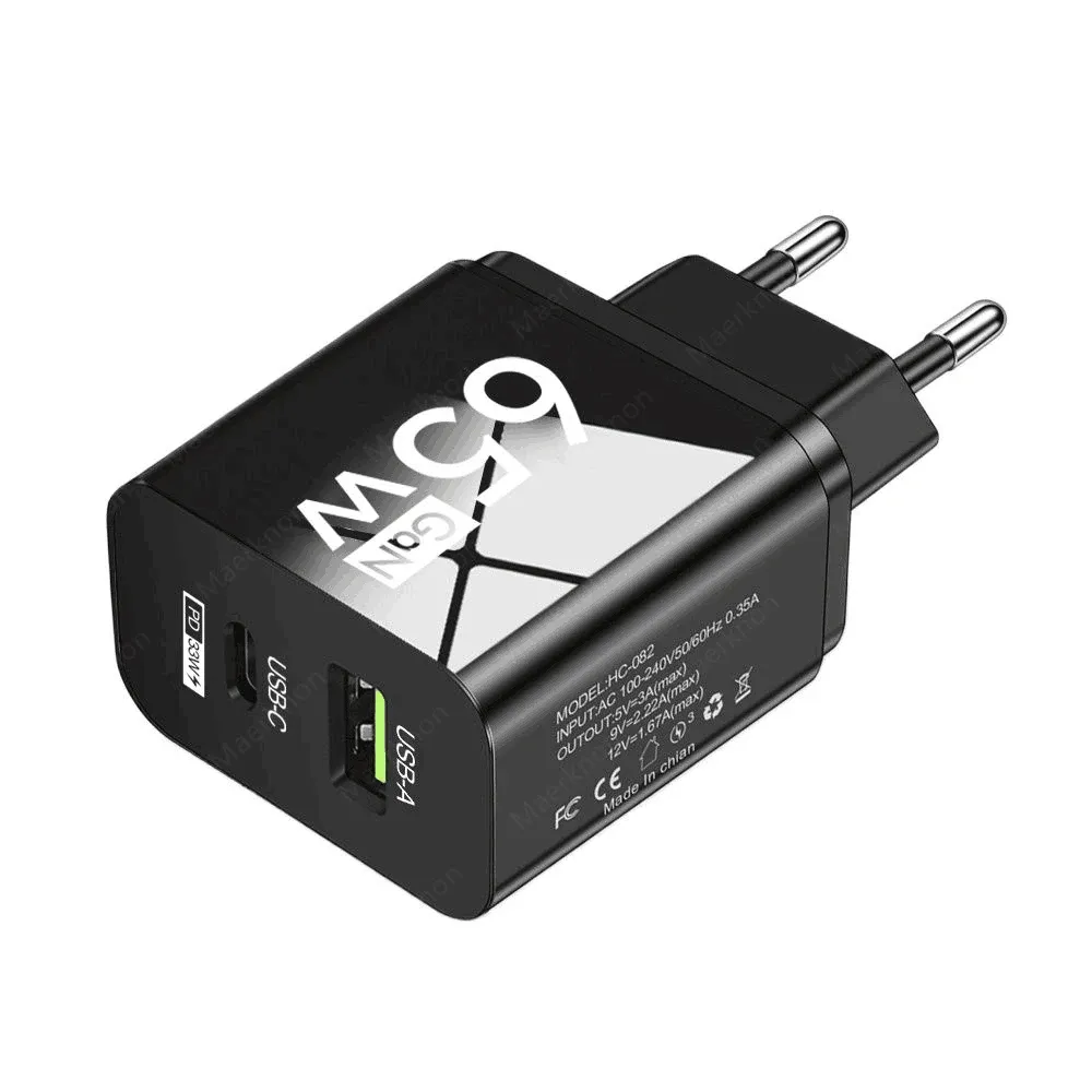 Chargeur mural USB-C 65 W GaN à charge rapide pour iPhone, Samsung et Xiaomi, prises UE et US 9