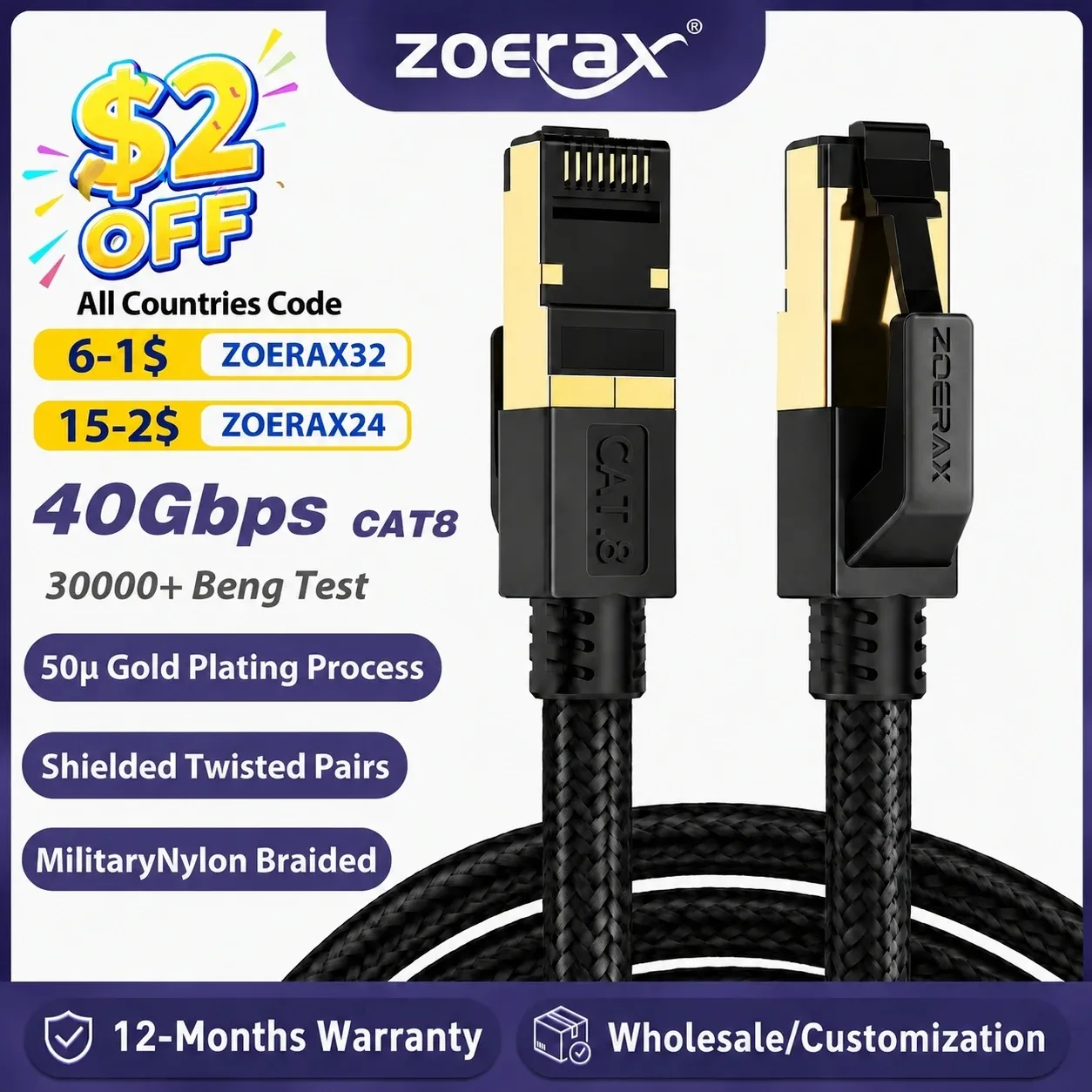 ZoeRax Câble Ethernet Cat8 RJ45 tressé en nylon, 0,3 à 30 m, 40 Gbit/s, 2000 MHz, pour ordinateur portable et routeur - Image 1