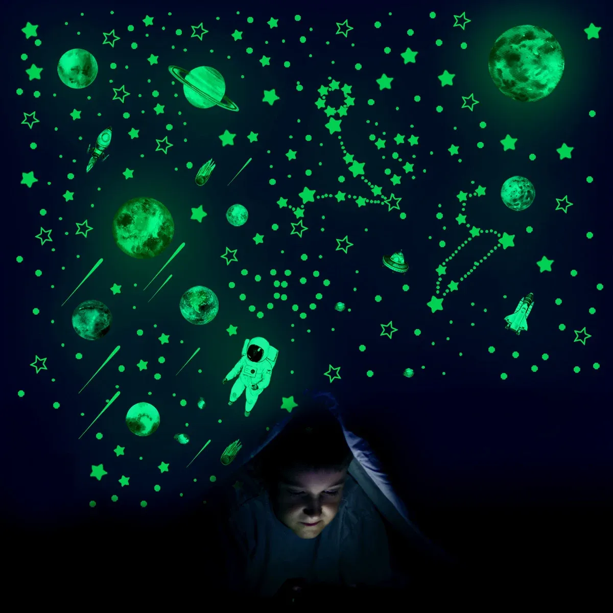 Autocollants muraux phosphorescents étoiles, planètes et vaisseaux spatiaux pour plafond, lot de 849 pièces, décor de chambre d'enfants