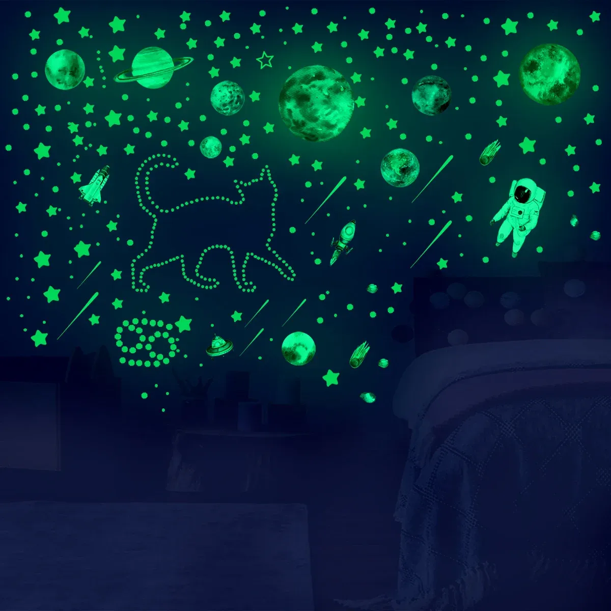 Autocollants muraux phosphorescents étoiles, planètes et vaisseaux spatiaux pour plafond, lot de 849 pièces, décor de chambre d'enfants 6