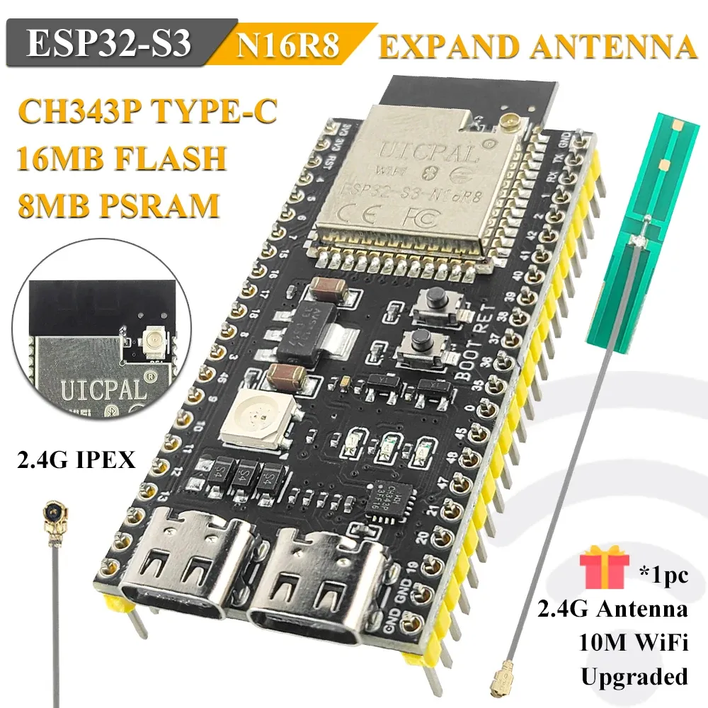 Carte de développement ESP32-S3 avec antenne externe, module Wi-Fi 2.4 GHz, compatible Arduino IDF, IoT, N16R8, CH343, port USB Type-C - Image 1