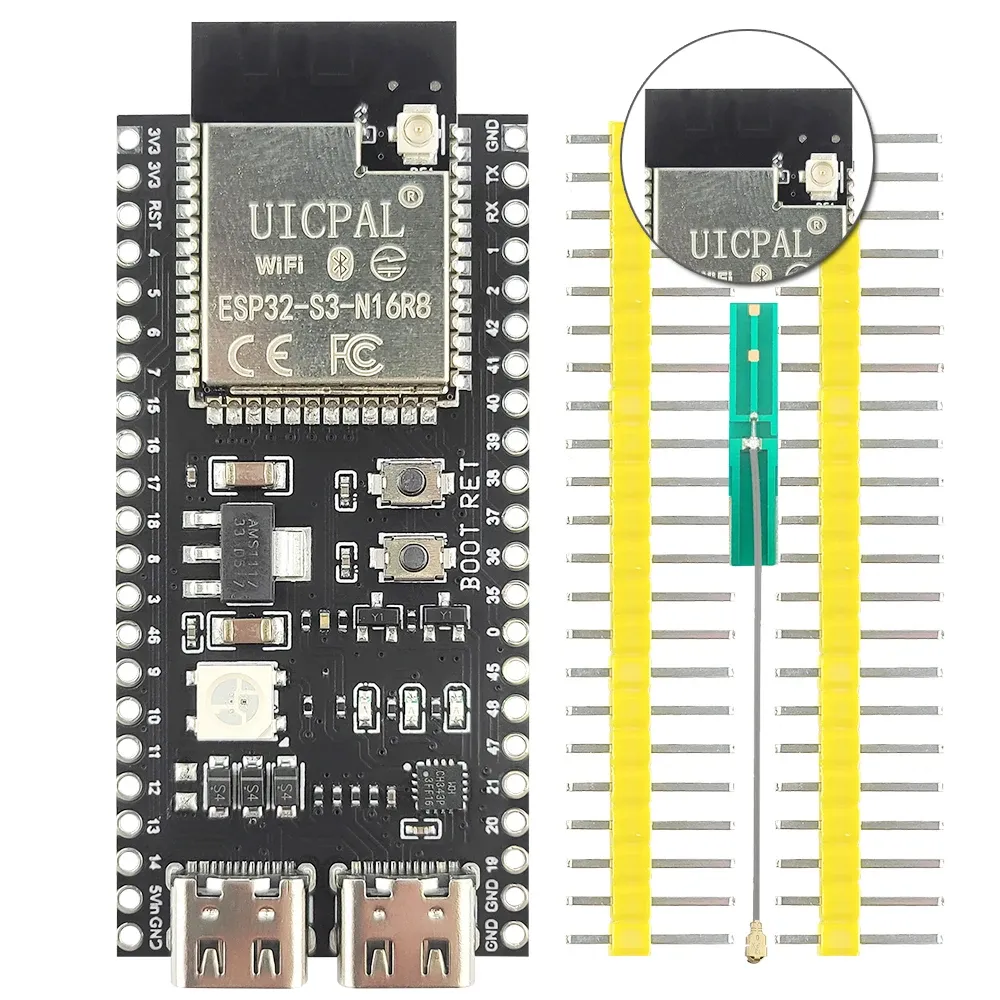 Carte de développement ESP32-S3 avec antenne externe, module Wi-Fi 2.4 GHz, compatible Arduino IDF, IoT, N16R8, CH343, port USB Type-C 7