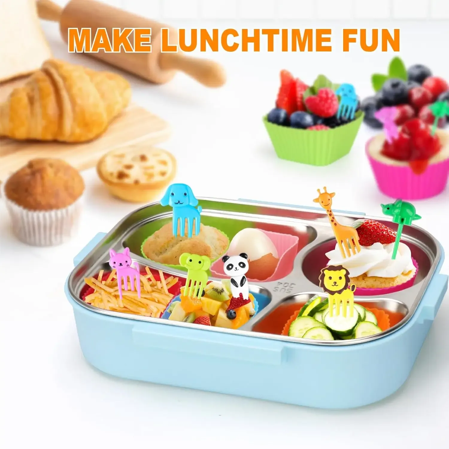 Accessoires de boîte à déjeuner pour enfants : moules en silicone pour gâteaux, fourchette à fruits et couvre-dents 2