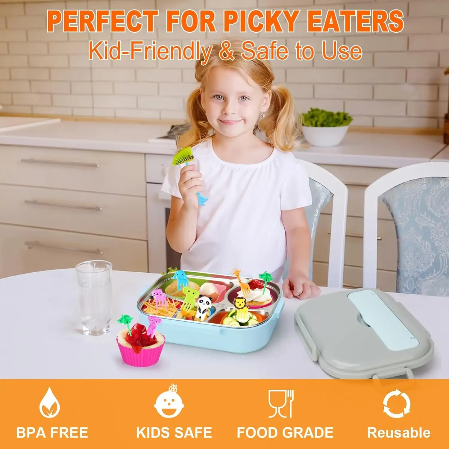 Accessoires de boîte à déjeuner pour enfants : moules en silicone pour gâteaux, fourchette à fruits et couvre-dents 4
