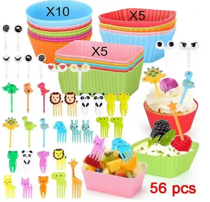 Accessoires de boîte à déjeuner pour enfants : moules en silicone pour gâteaux, fourchette à fruits et couvre-dents 25