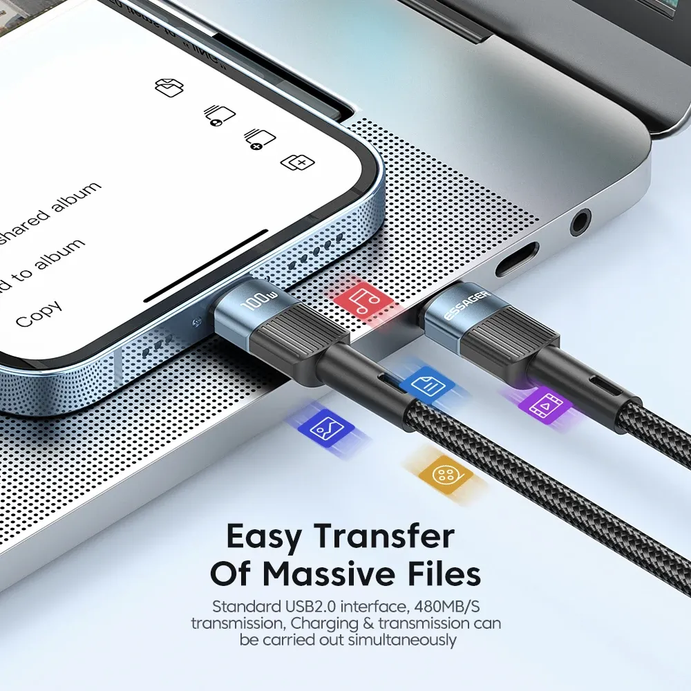 Câble USB-C vers USB-C Essager 100 W à charge rapide PD, 3 m, pour MacBook, Samsung et Xiaomi 6