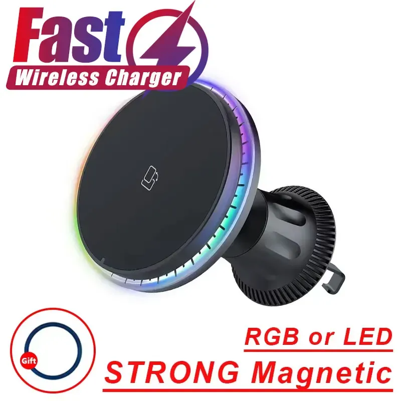 Chargeur magnétique sans fil pour voiture RGB, compatible iPhone 12 à 17 Pro Max, support de téléphone MagSafe pour voiture, station de charge rapide 1