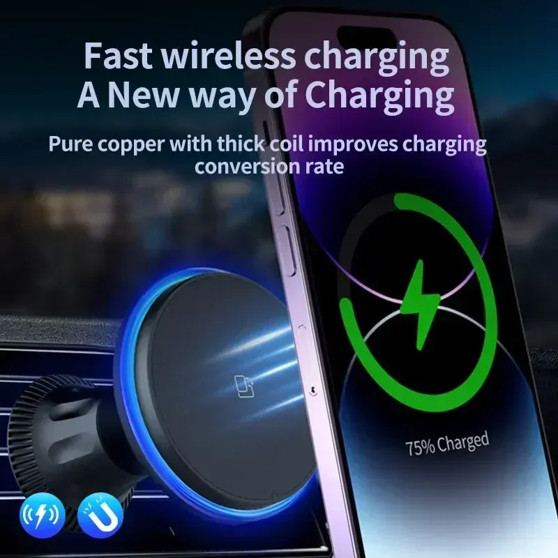 Chargeur magnétique sans fil pour voiture RGB, compatible iPhone 12 à 17 Pro Max, support de téléphone MagSafe pour voiture, station de charge rapide 5