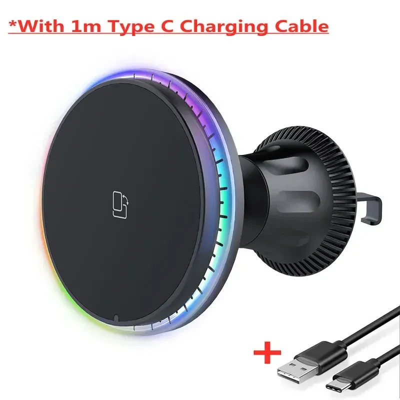 Chargeur magnétique sans fil pour voiture RGB, compatible iPhone 12 à 17 Pro Max, support de téléphone MagSafe pour voiture, station de charge rapide 8