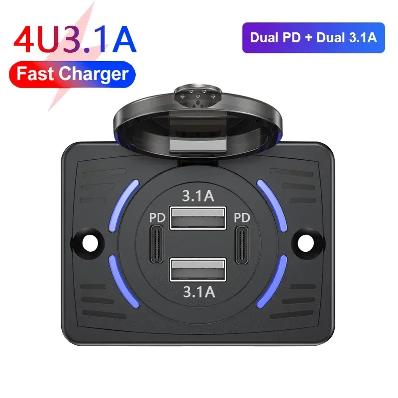 Prise de chargeur de voiture double USB QC3.0 PD 12 V-24 V, 3,1 A/2,1 A, charge rapide avec capuchon coulissant, adaptateur de prise de sortie pour camion, camping-car et VR