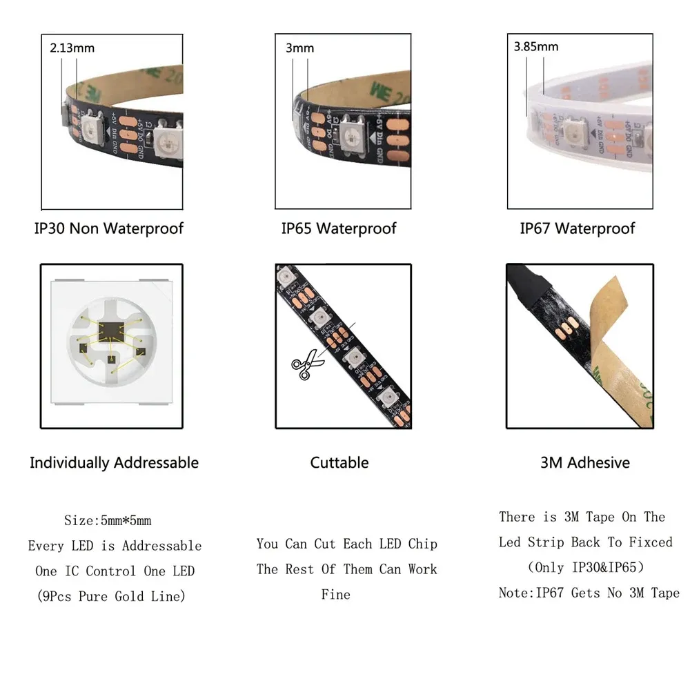 Bande lumineuse LED RGB adressable WS2812B 5050, DC5V, 30/60/74/96/144 LED/m, IP30/IP65/IP67 3