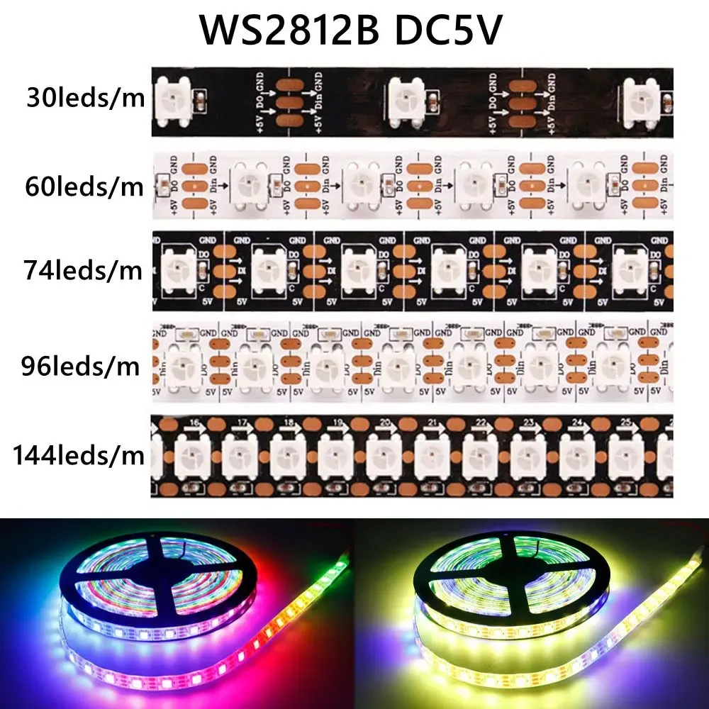 Bande lumineuse LED RGB adressable WS2812B 5050, DC5V, 30/60/74/96/144 LED/m, IP30/IP65/IP67