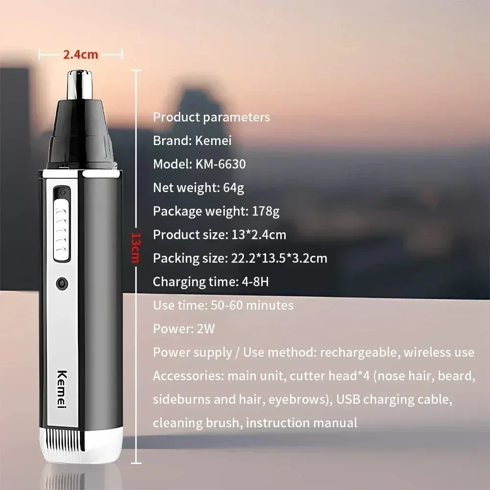 Tondeuse 4 en 1 Kemei KM-6630 pour nez, sourcils, barbe et cheveux, rasoir électrique rechargeable avec lame de précision pour les tempes 5