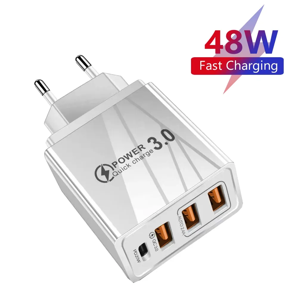 Chargeur rapide 48 W à 3 ports USB et USB-C, compatible QC 3.0 et PD, adaptateur mural portable pour Samsung, Huawei, Xiaomi et autres téléphones (prise UE/US)