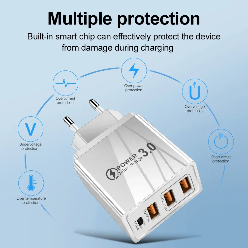 Chargeur rapide 48 W à 3 ports USB et USB-C, compatible QC 3.0 et PD, adaptateur mural portable pour Samsung, Huawei, Xiaomi et autres téléphones (prise UE/US) 5