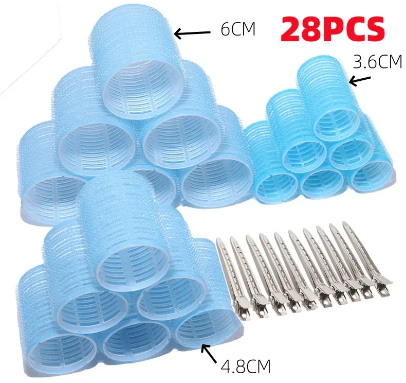 28 pièces Ensemble de bigoudis auto-agrippants sans chaleur, rouleaux pour cheveux en 3 tailles, outils de coiffure pour salon 7