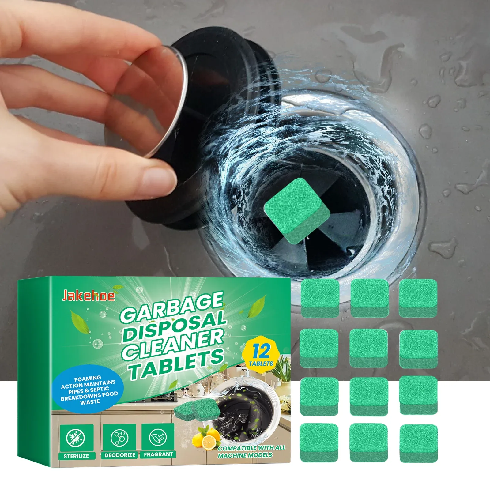 Nettoyant pour broyeur de déchets, lot de 12 comprimés moussants désodorisants pour évier et canalisations, prévient les odeurs et les bouchons, compatible avec tous types de broyeurs - Image 1