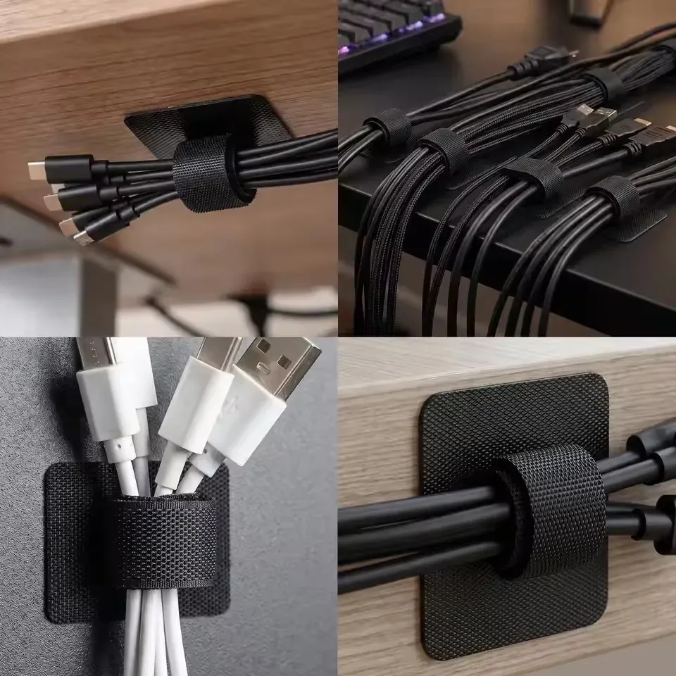 Serre-câbles adhésifs sous bureau réglables à boucles et crochets 6