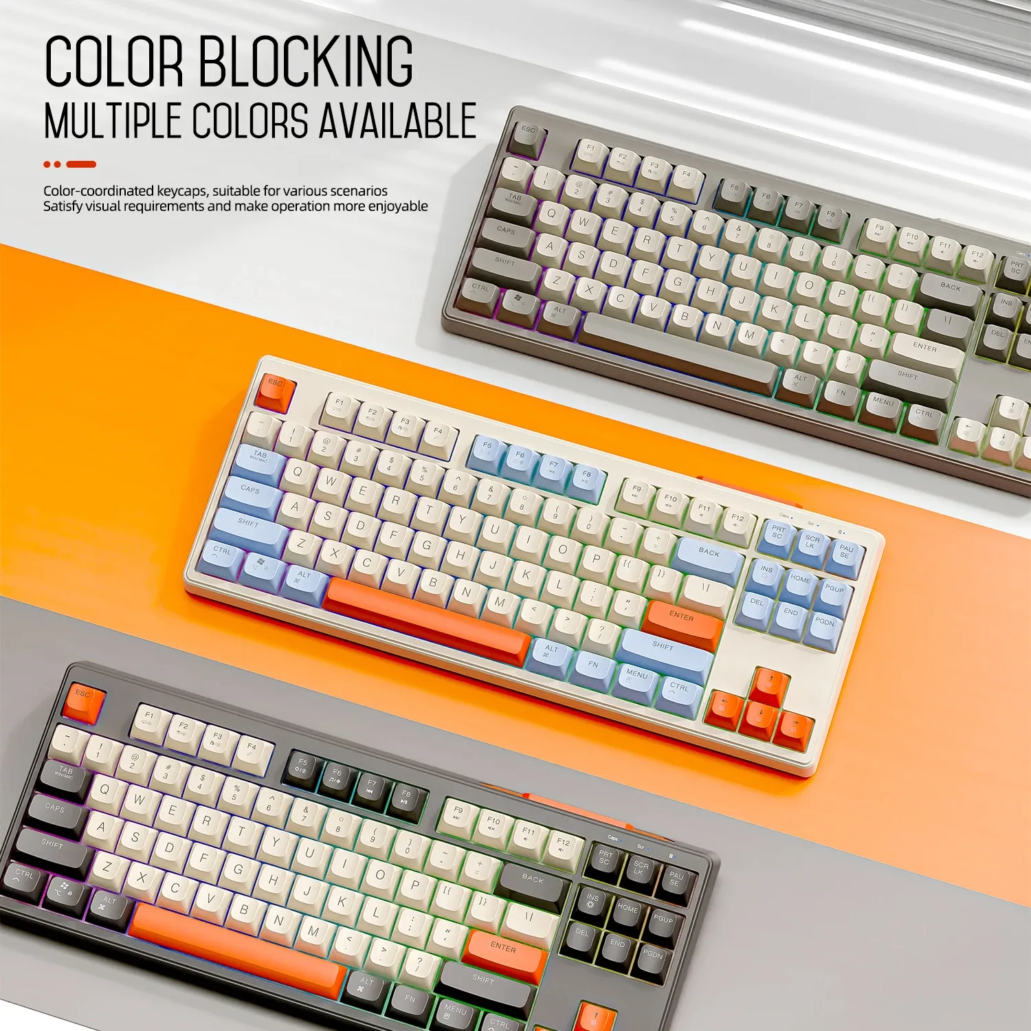 Clavier de jeu sans fil M87, clavier Bluetooth double mode 87 touches avec rétroéclairage RGB arc-en-ciel, touches PBT pour un usage silencieux au bureau et en jeu 2