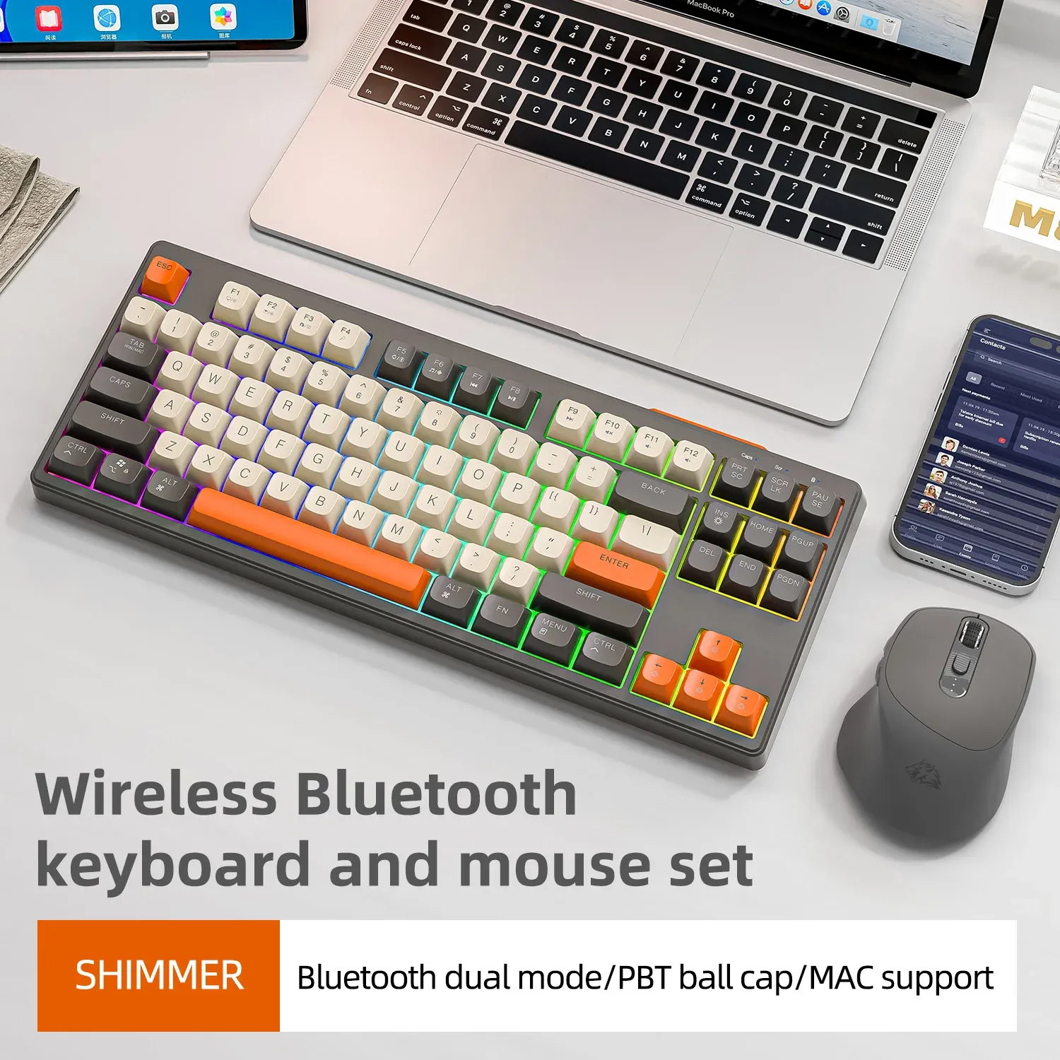 Clavier de jeu sans fil M87, clavier Bluetooth double mode 87 touches avec rétroéclairage RGB arc-en-ciel, touches PBT pour un usage silencieux au bureau et en jeu 6
