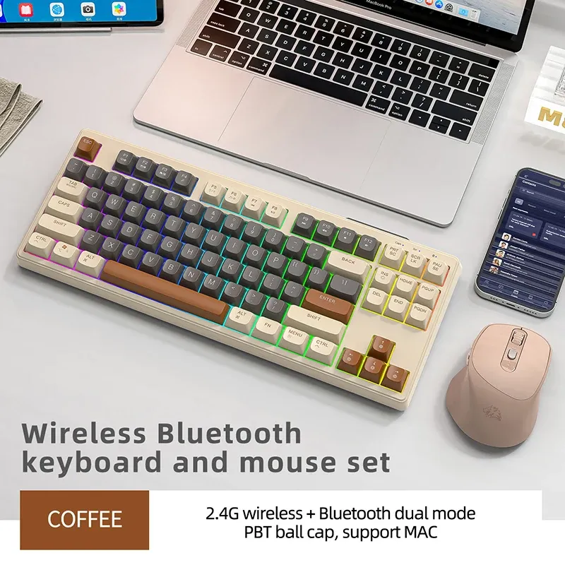 Clavier de jeu sans fil M87, clavier Bluetooth double mode 87 touches avec rétroéclairage RGB arc-en-ciel, touches PBT pour un usage silencieux au bureau et en jeu 12