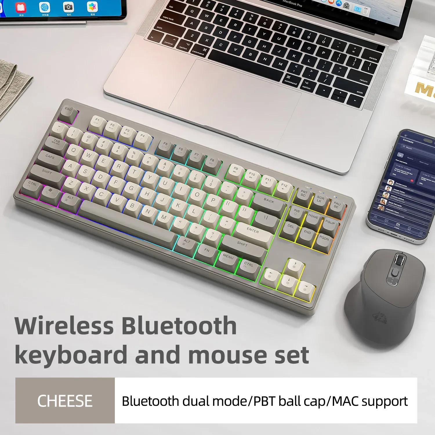 Clavier de jeu sans fil M87, clavier Bluetooth double mode 87 touches avec rétroéclairage RGB arc-en-ciel, touches PBT pour un usage silencieux au bureau et en jeu 8