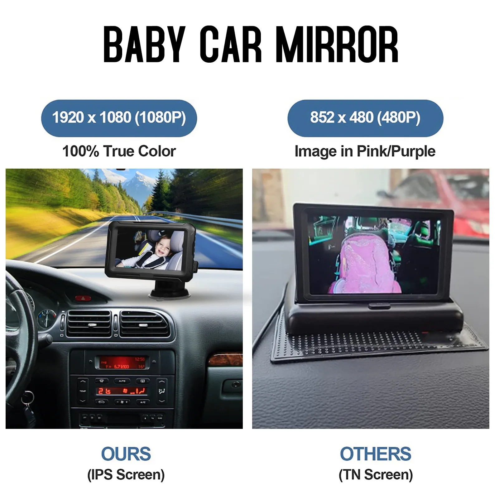 Moniteur de vue arrière 4,3 pouces à écran IPS, miroir de voiture pour bébé avec grand angle réglable, vision nocturne pour nourrissons, enfants et animaux domestiques 4