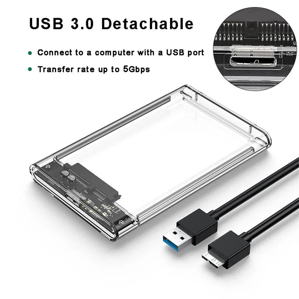 Boîtier de disque dur USB 3.0 pour SSD et HDD SATA 2,5 pouces, transfert jusqu'à 5 Gbit/s, boîtier externe portable avec câble 2