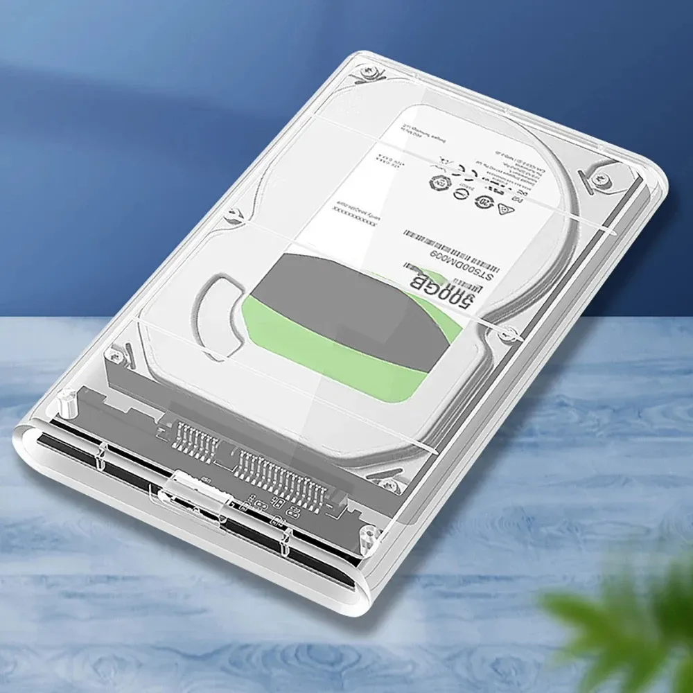 Boîtier de disque dur transparent vu de côté
