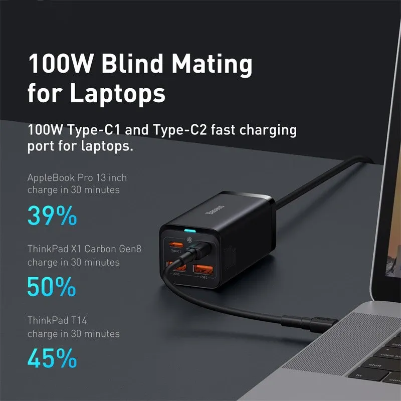 Chargeur de bureau GaN3 Baseus 100 W / 65 W, charge rapide QC 3.0/4.0, USB-C, pour iPhone 15, Huawei, Xiaomi, MacBook et ordinateur portable 2