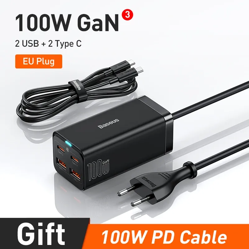 Chargeur de bureau GaN3 Baseus 100 W / 65 W, charge rapide QC 3.0/4.0, USB-C, pour iPhone 15, Huawei, Xiaomi, MacBook et ordinateur portable 8