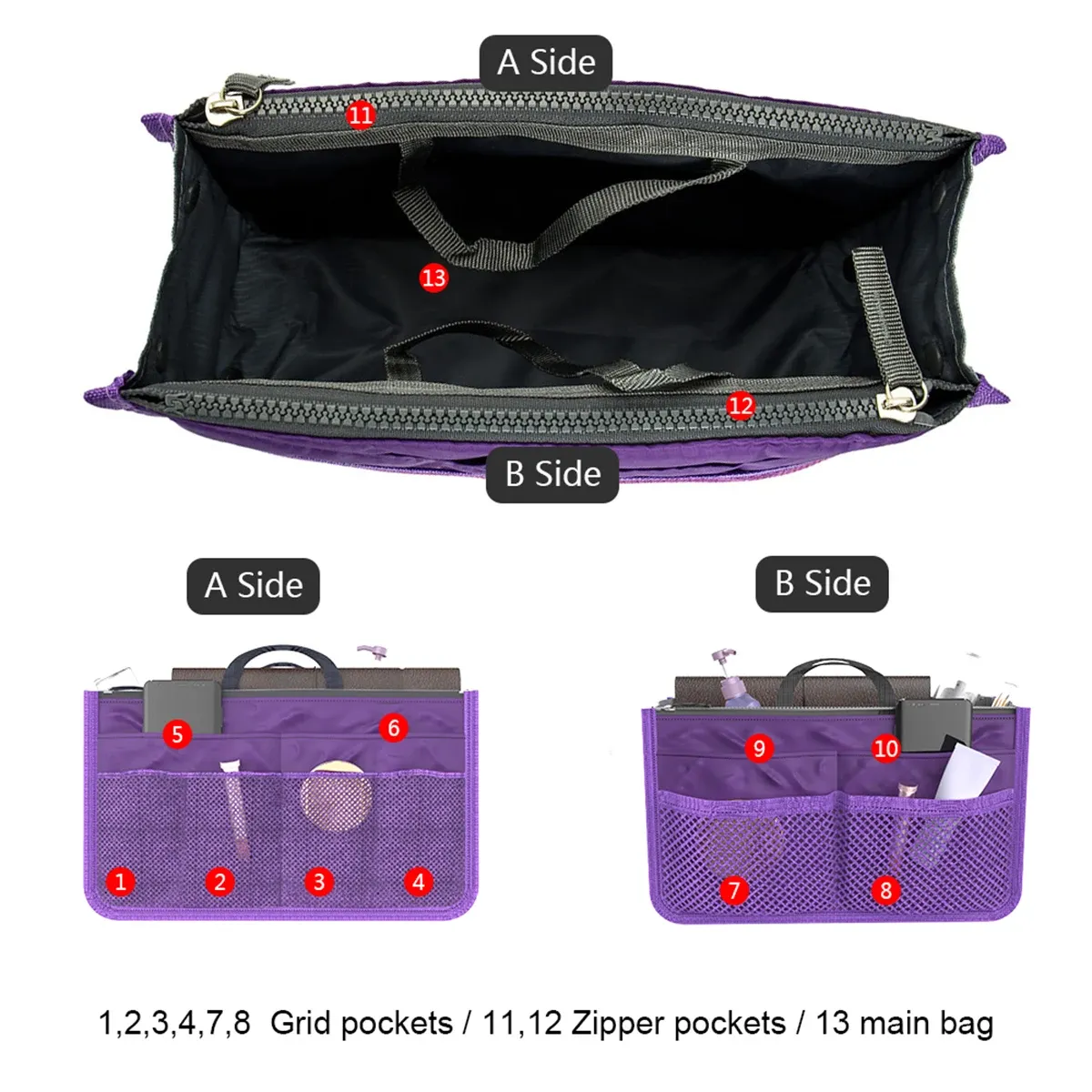 Organiseur de sac à main, compartiments