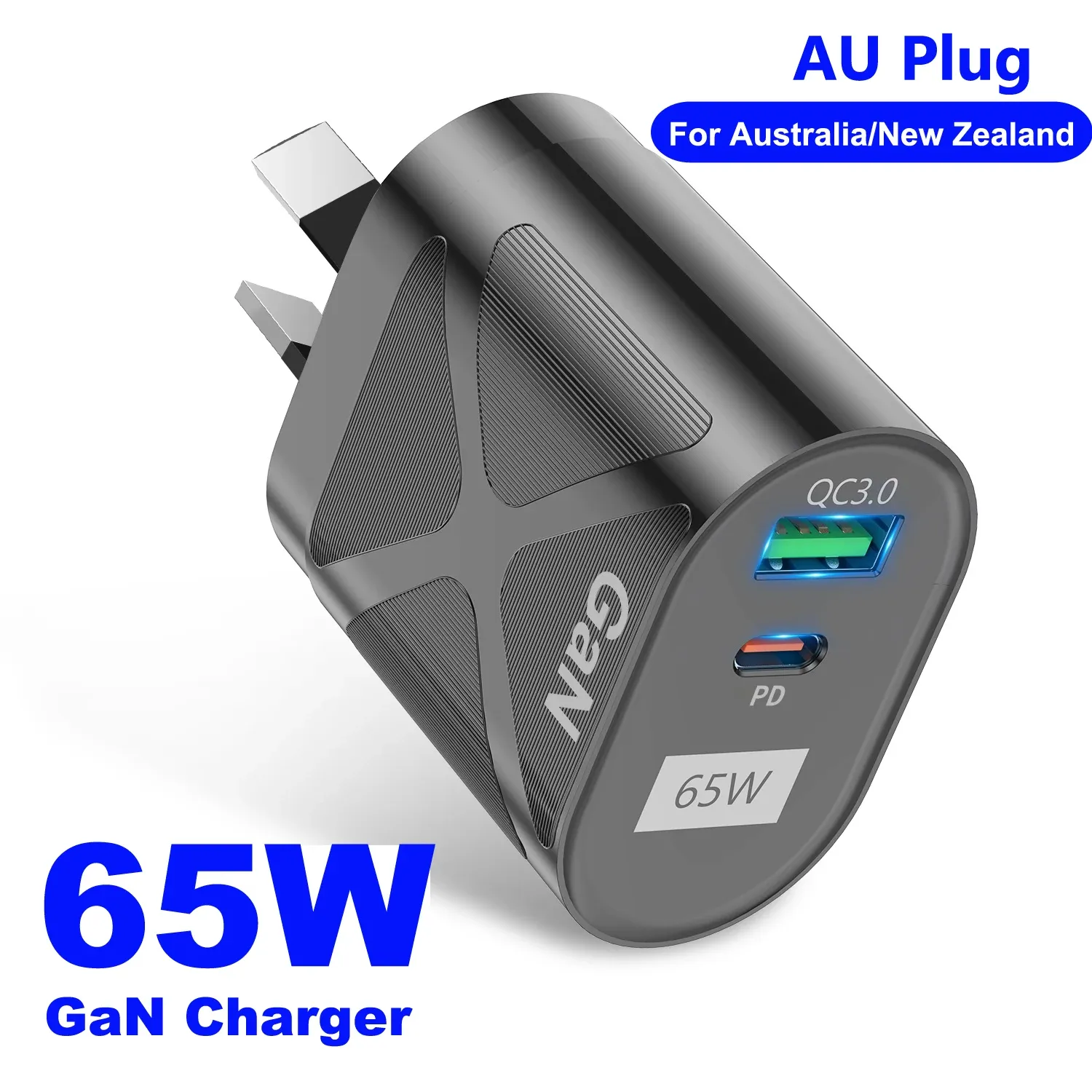 Chargeur GaN 65 W pour Australie et Nouvelle-Zélande, prise AU, charge rapide PD 33 W et QC 3.0, adaptateur USB pour iPhone 15, 14, 13 Pro Max