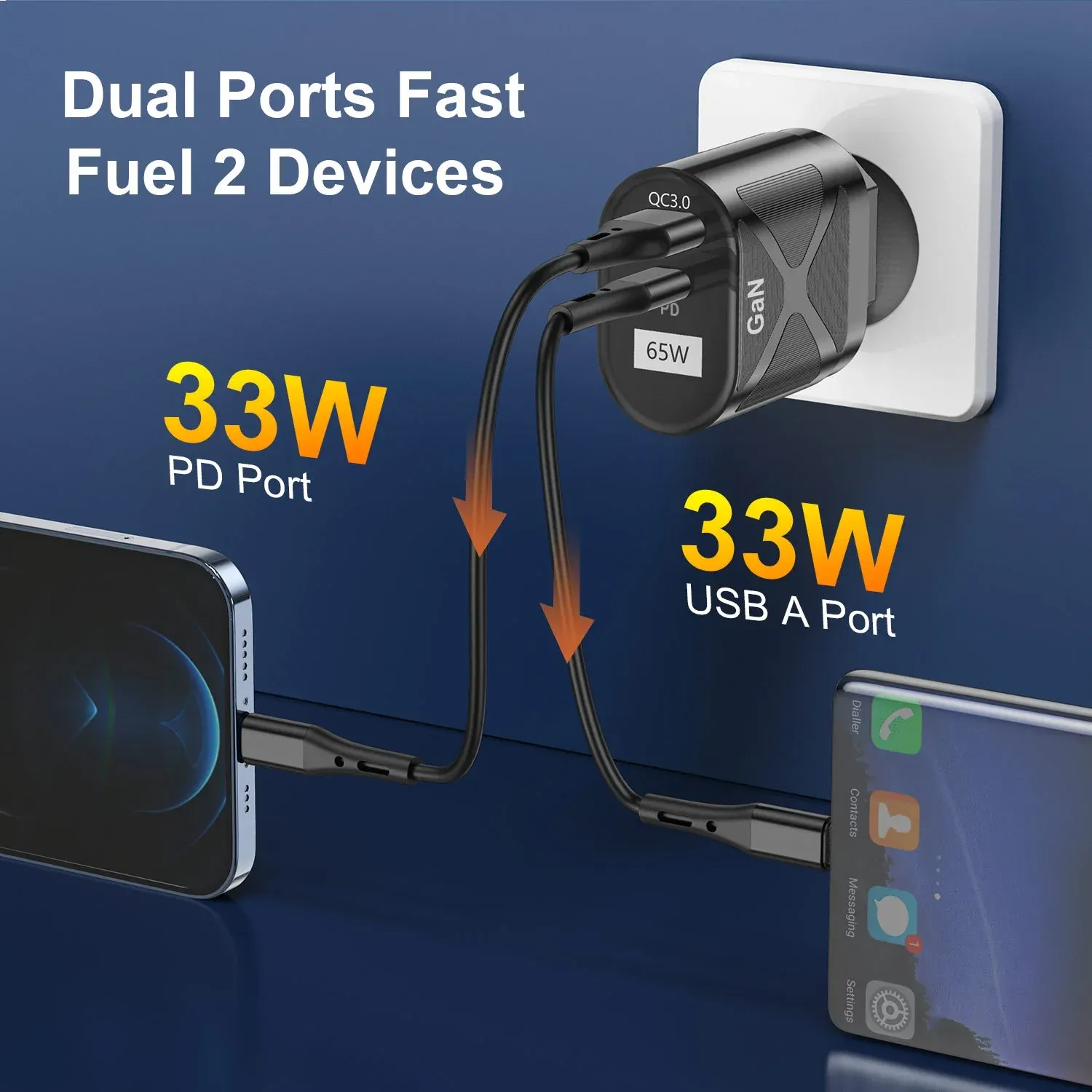 Chargeur GaN 65 W pour Australie et Nouvelle-Zélande, prise AU, charge rapide PD 33 W et QC 3.0, adaptateur USB pour iPhone 15, 14, 13 Pro Max 2
