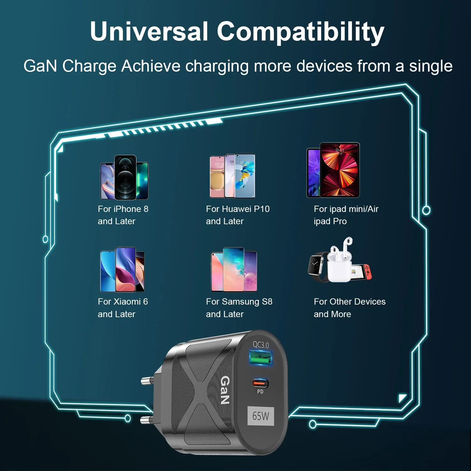 Chargeur GaN 65 W pour Australie et Nouvelle-Zélande, prise AU, charge rapide PD 33 W et QC 3.0, adaptateur USB pour iPhone 15, 14, 13 Pro Max 6