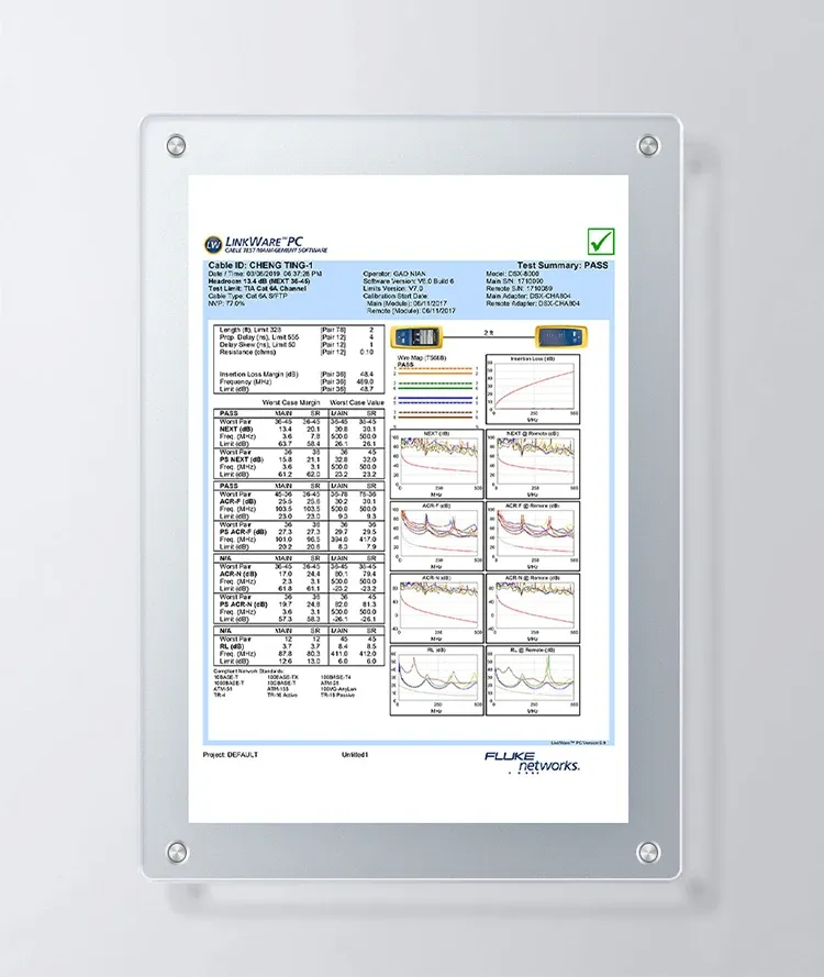 Certification de test Fluke Networks du câble Ethernet Cat 8