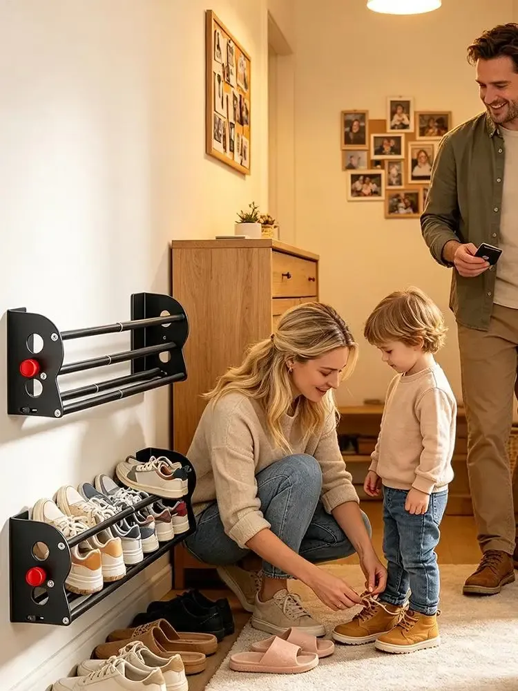 Étagère à chaussures magnétique extensible pour porte, organisateur à deux niveaux pour pantoufles et chaussures de sport, compact 6