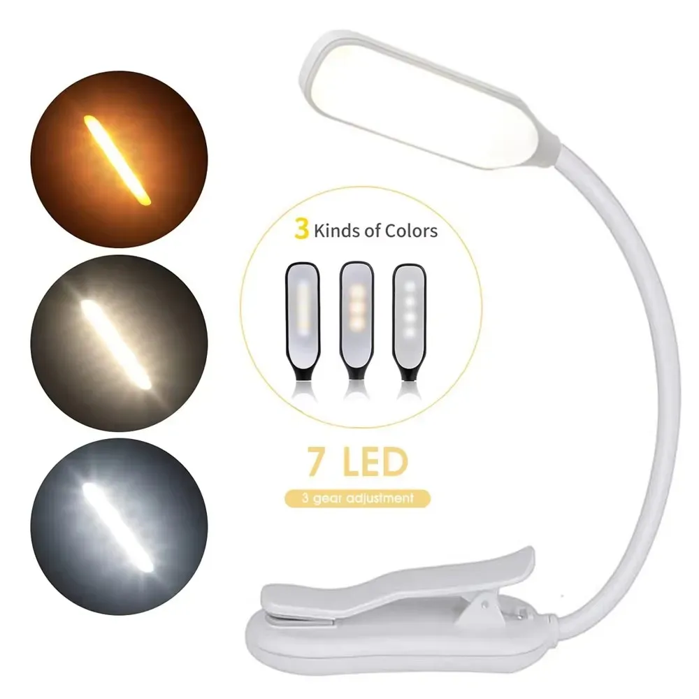 Mini lampe de lecture rechargeable à 7 LED, 3 niveaux de luminosité, lumière blanche chaude et froide, flexible, lampe à pince, lampe de lecture nocturne pour le lit 8