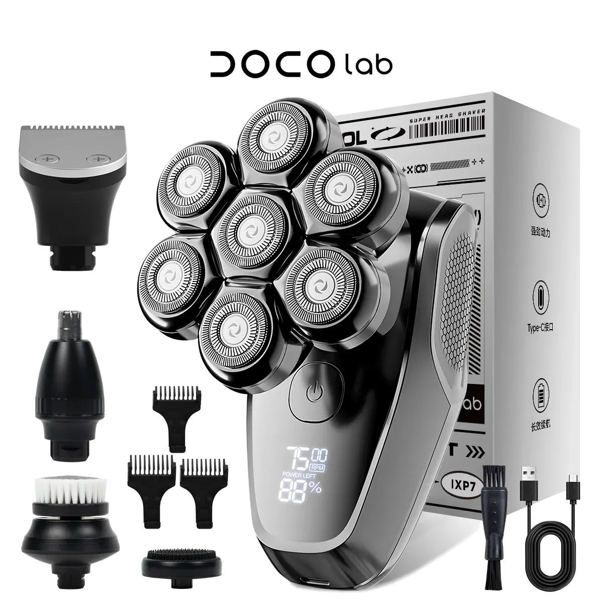 DOCOLAB Rasoir électrique rechargeable sans fil 5 en 1 pour homme, tondeuse et coupe-cheveux 7