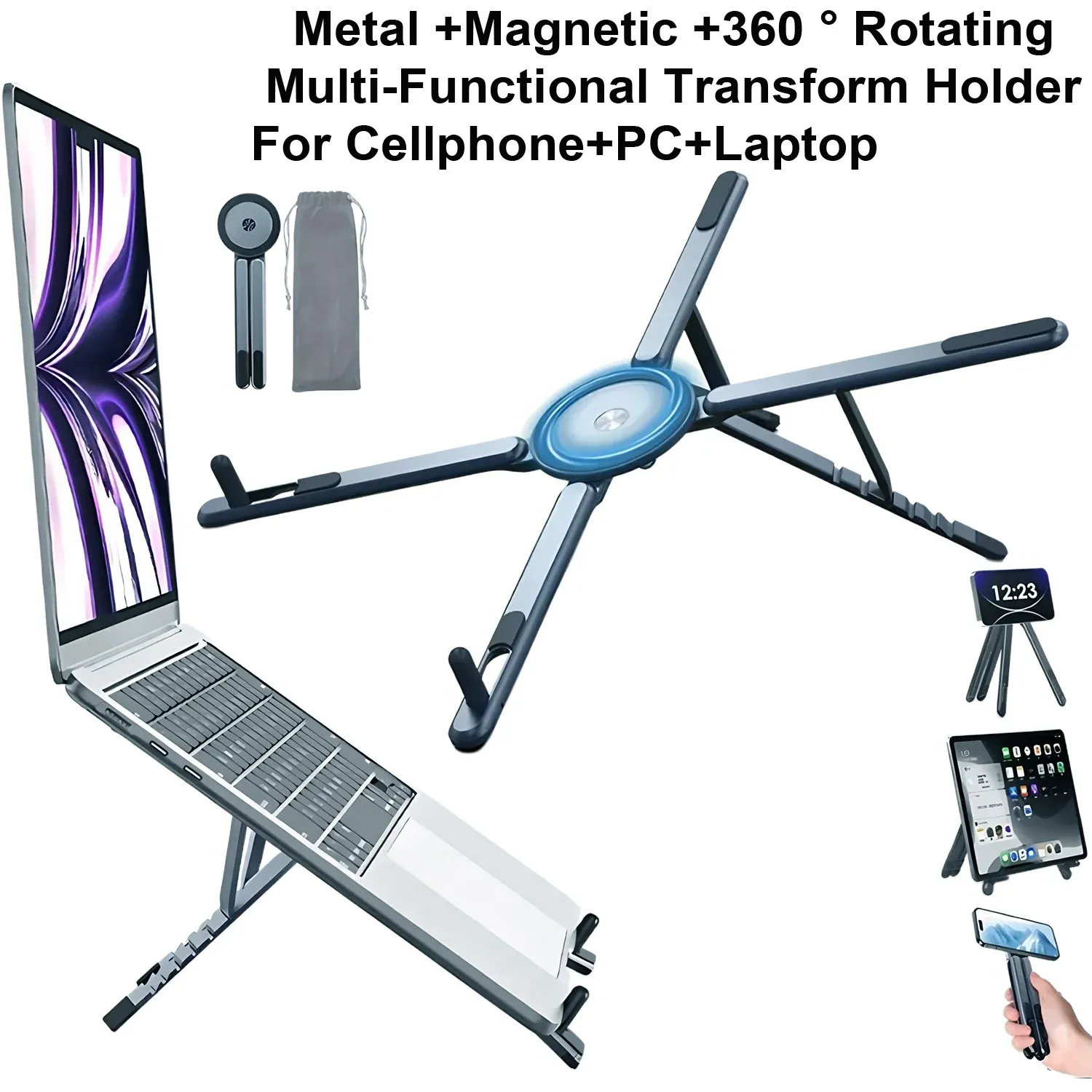 Support magnétique 3-en-1 pour téléphone avec perche à selfie et trépied pliable, compatible iPhone, iPad, tablette et ordinateur portable 1