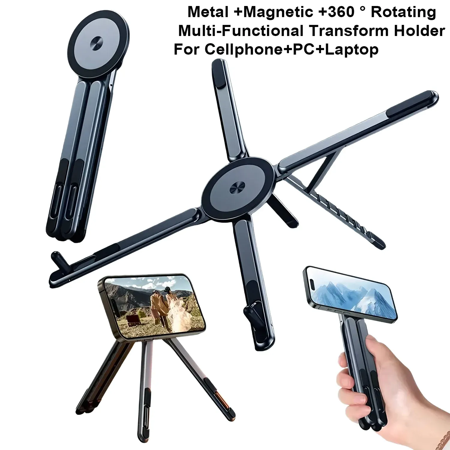 Support magnétique 3-en-1 pour téléphone avec perche à selfie et trépied pliable, compatible iPhone, iPad, tablette et ordinateur portable 2