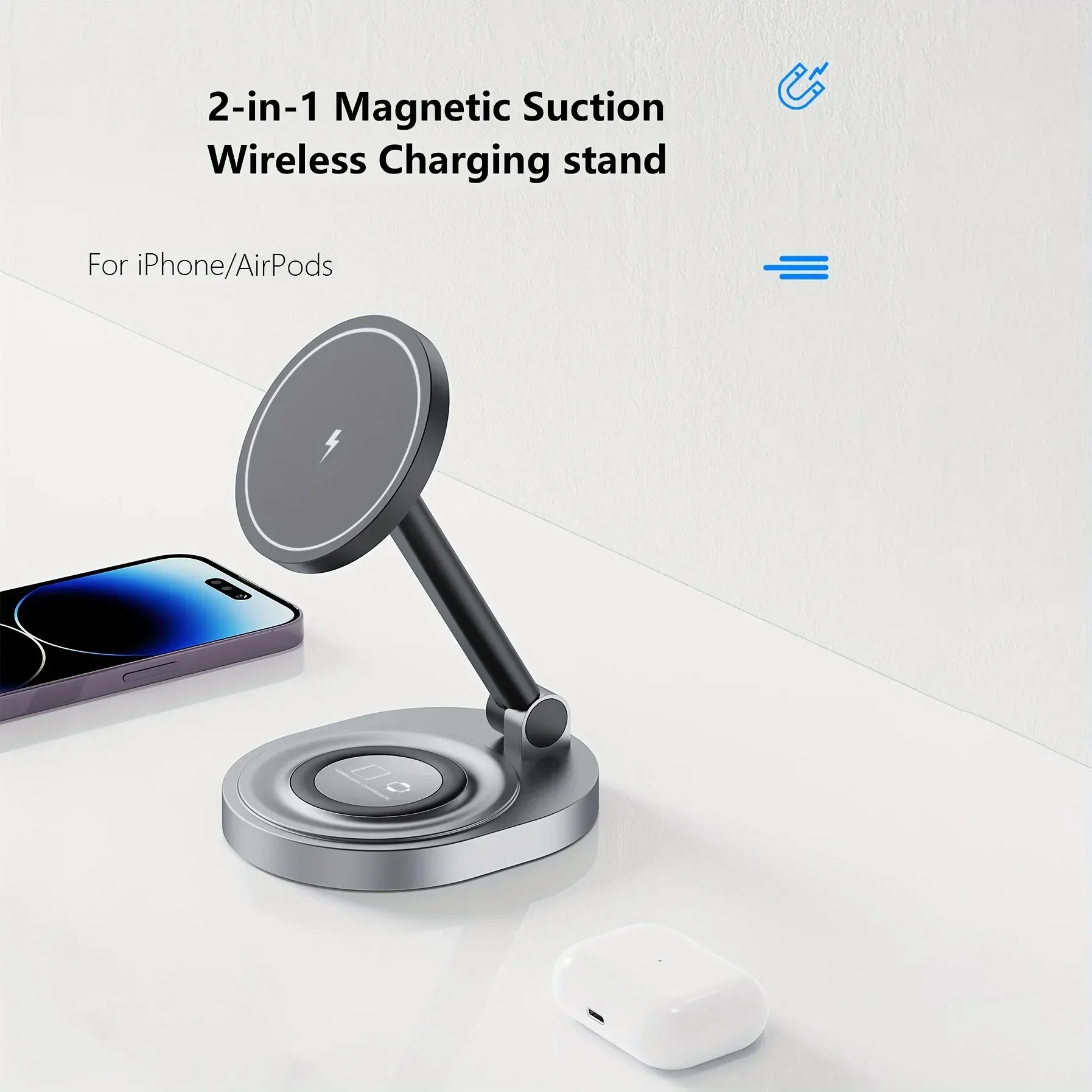 Support de chargeur magnétique sans fil 2 en 1 pour iPhone 15, 14, 13, 12, 11 Pro Max, 11, X, Apple Watch et AirPods, station de charge rapide 2