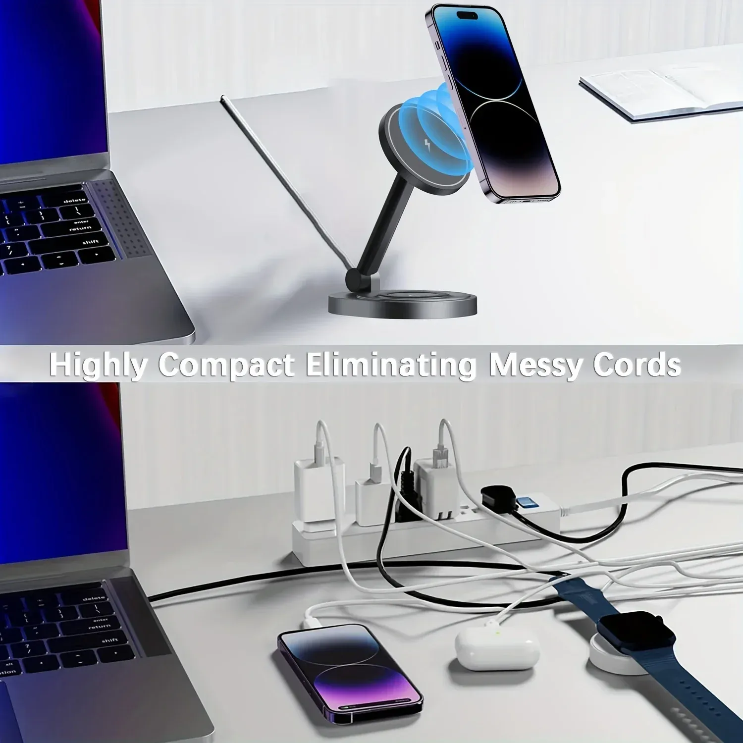 Support de chargeur magnétique sans fil 2 en 1 pour iPhone 15, 14, 13, 12, 11 Pro Max, 11, X, Apple Watch et AirPods, station de charge rapide 3