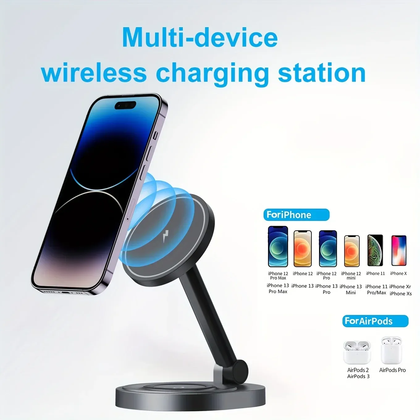 Support de chargeur magnétique sans fil 2 en 1 pour iPhone 15, 14, 13, 12, 11 Pro Max, 11, X, Apple Watch et AirPods, station de charge rapide 6