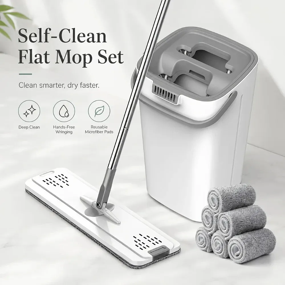 Ensemble seau et balai serpillière plat à essorage sans contact, avec 6 tampons en microfibre lavables, pivotant à 360°, pour nettoyage humide et sec - Image 1